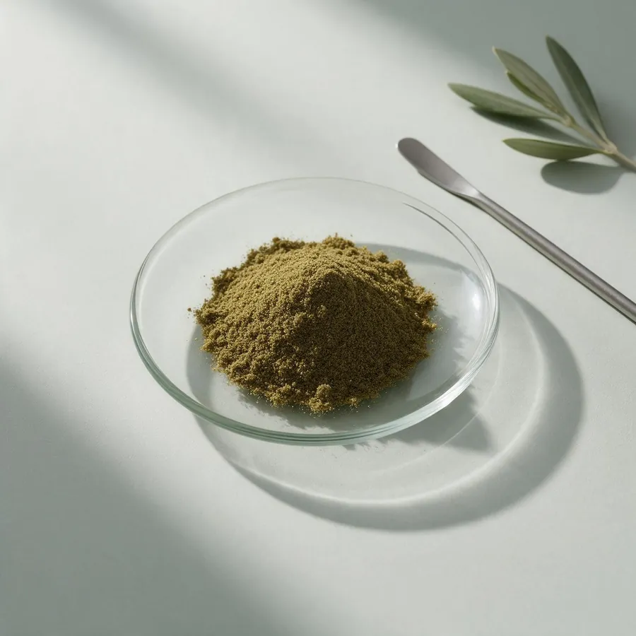 Olive leaf extract powder in a glass dish, with an olive branch